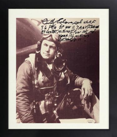 Col Billy Edens signed WWII/Vietnam/Korea Ace Pilot B&W 8x10 Photo Custom Framing- JSA #SS17679- 56 FTR Group P-47's-7 Air Victo