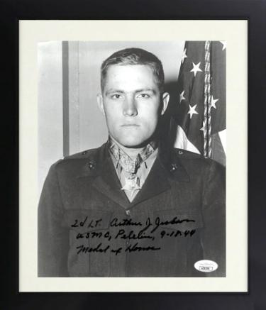 2nd LT. Arthur J. Jackson signed WWII Vintage B&W 8x10 Photo Custom Framing- JSA- USMC/Peleliu/9-18-44/Medal of Honor