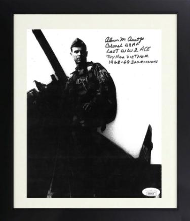 Col. Abner Aust signed 8x10 Photo Custom Framing- JSA- Colonel USAF/Last WW2 Ace/Tuy Vietnam/1968-69/300 Missions