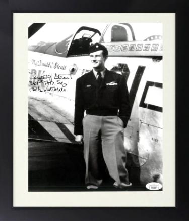 Major Donald J. Strait signed WWII B&W 8.5x11 Photo Custom Framing- JSA- P-51 Mustang Double Ace Pilot/361st FT Group