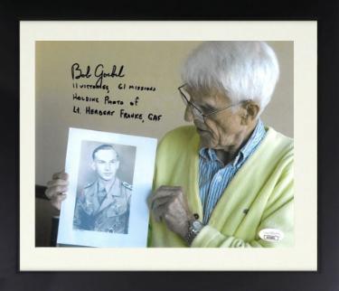 Robert "Bob" Goebel signed WWII 8x10 Photo Custom Framing- JSA- Holding Photo of Lt. Herbert Franke, GAF/11 Victories/61 Mission