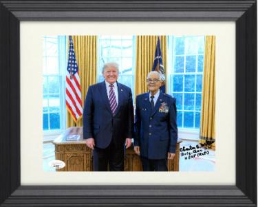 Charles E. McGee signed 8x10 Photo w/ POTUS Donald Trump- JSA- imperfect-Custom Framing-WWII/Korea/Vietnam/Tuskegee Airmen/Red T