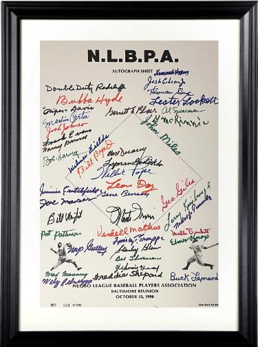 Negro League (N.L.B.P.A) Signed 1990 Reunion 11x17 Poster Sheet 43 Sigs Custom Framing- Beckett Leonard, Radcliff, Fields, Day,