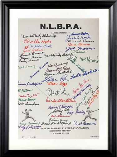 Negro League (N.L.B.P.A) Signed 1990 Reunion 11x17 Poster Sheet 45 Sigs Custom Framing- Beckett Leonard, Radcliff, Fields, Day