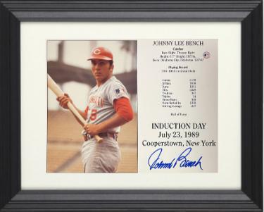 Johnny Bench signed Cincinnati Reds MLB Hall of Fame Induction Day 8x10 Photo/Card Custom Framing- Tuff Stuff COA (Big Red Machi