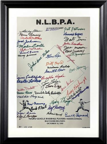Negro League (N.L.B.P.A) Signed 1990 Reunion 11x17 Poster Sheet 44 Sigs Custom Framing- Beckett ONeil, Leonard, Radcliff, Field