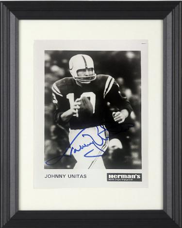 Johnny Unitas signed Herman's Sporting Goods Baltimore Colts 5X7 Photo Custom Framing- COA (HOF)