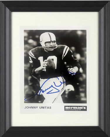 Johnny Unitas signed Herman's Sporting Goods Baltimore Colts 5X7 Photo Custom Framing- COA