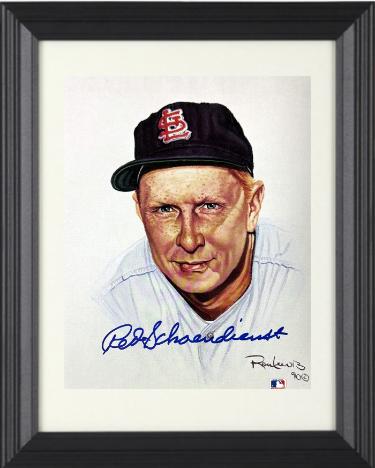 Red Schoendienst signed St. Louis Cardinals MLB Ron Lewis 90 8x10 Photo- /5000- minor dings Custom Framing-COA/Show Ticket (HOF)