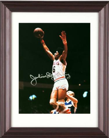 Julius Erving signed Philadelphia 76ers 8x10 Photo "Dr. J" minor dings Custom Framing- Ken Goldin, The Score Board, Inc COA (HOF