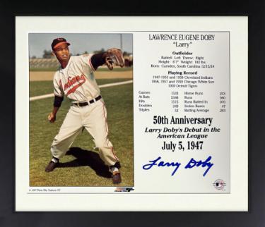 Larry Doby signed Cleveland MLB 50th Anniversary Debut in the American League July 5, 1947 8x10 Photo/Card Custom Framing- COA