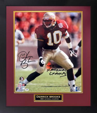 Derrick Brooks signed Florida Seminoles NCAA Licensed 16x20 Photo '93 National Champs Custom Framing- PSA In The Presence