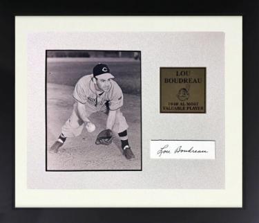 Lou Boudreau signed Cleveland 1x3 Cut Sig, 5x7 Photo Custom Framing- COA (1948 MVP)