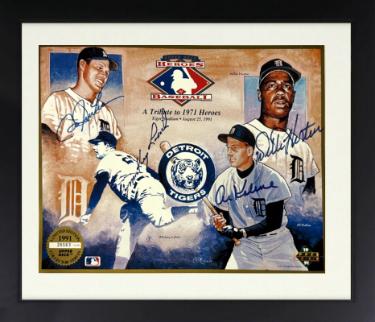 Detroit Tigers Signed 1991 Upper Deck Heroes 1971 Tribute 8.5x11 4 SIGS Custom Framing- COA (Al Kaline/Horton/Lolich/Freeman)