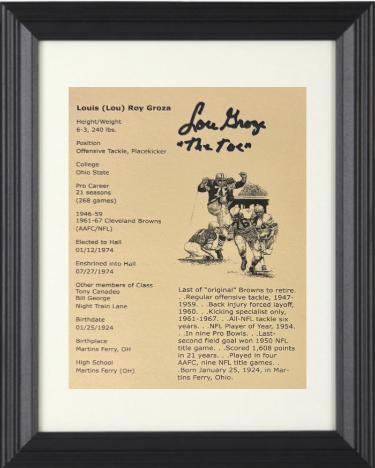 Lou Groza signed 1974 HOF 5X7 Stat Photo Card Custom Framing w/ The Toe- COA (Cleveland Browns)