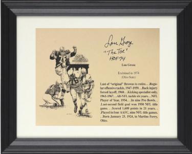 Lou Groza signed 1974 5X7 Bio Photo Card Custom Framing w/ The Toe/HOF 74- COA (Cleveland Browns/Ohio State Buckeyes)
