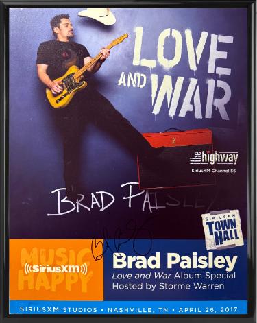 Brad Paisley signed 2017 Love and War Album Special 22x28 Poster Custom Framing SiriusXM Studios Town Hall- COA