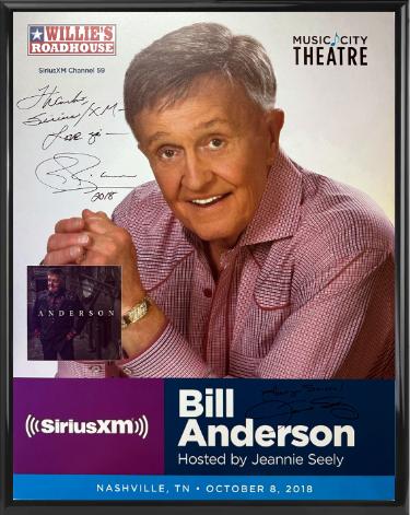 Bill Anderson/Jeannie Seely dual signed 2018 Willie's Roadhouse 22"x28" Poster Custom Framing SiriusXM Music City Theatre- COA