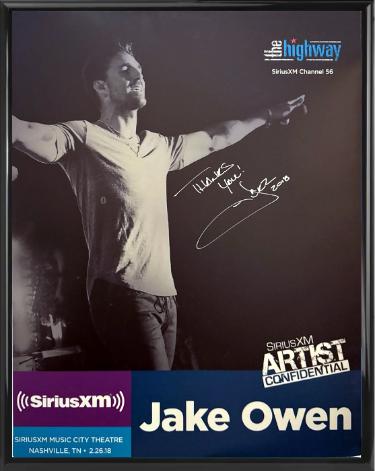 Jake Owen signed 2018 The Highway SiriusXM Artist Confidential 22x28 Poster imperfect Custom Framing SiriusXM Music City Theatre- COA