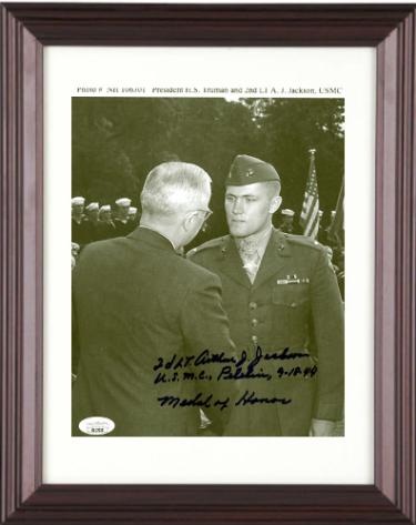 2nd LT. Arthur J. Jackson signed WWII 8x10 Photo Custom Framing- JSA- USMC, Peleliu/9-18-44/Medal of Honor w/ Truman