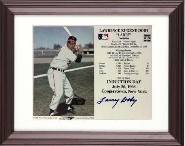 Larry Doby signed Cleveland MLB Licensed Hall of Fame Induction July 26, 1998 8x10 Photo/Card Custom Framing- COA/Ticket (HOF)