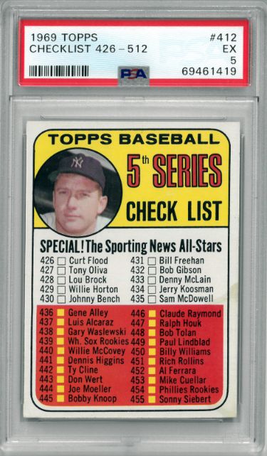 1969 Topps Checklist 426-512 w/ Mickey Mantle Baseball Card #412- PSA Graded 5 EX