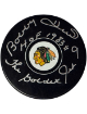 Bobby Hull signed NHL Chicago Blackhawks Logo Puck dual HOF/Golden Jet #9 - PSA